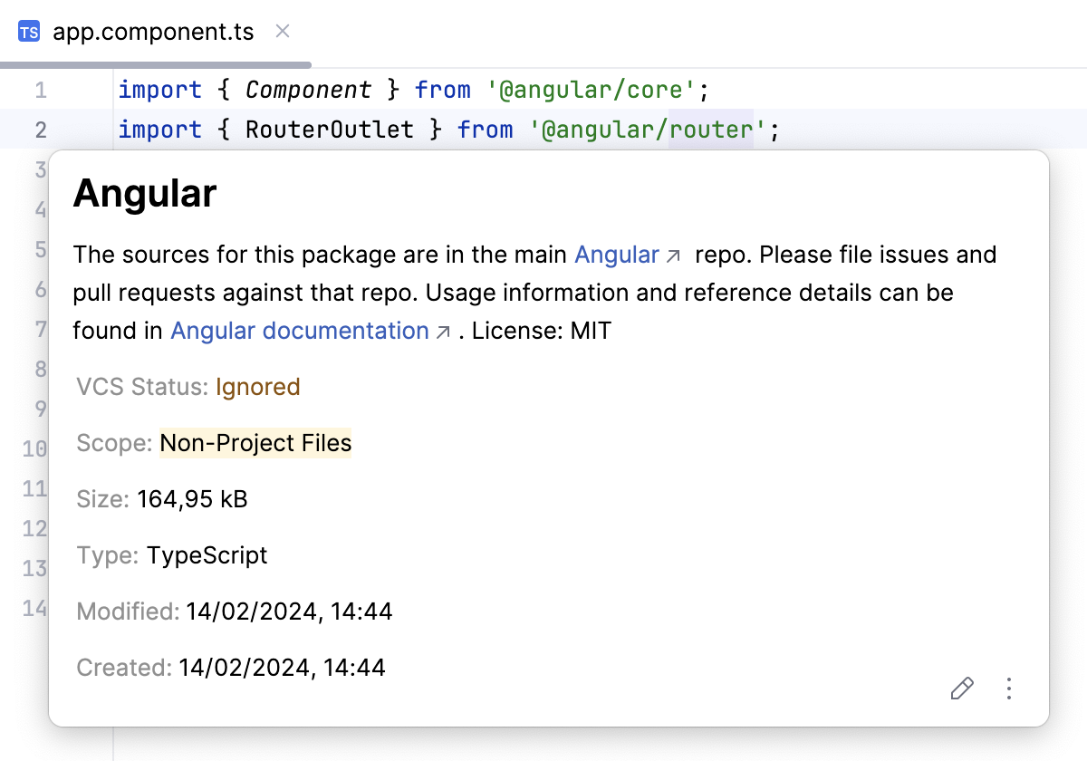 Quick Doc for an npm package is opened from an import statement