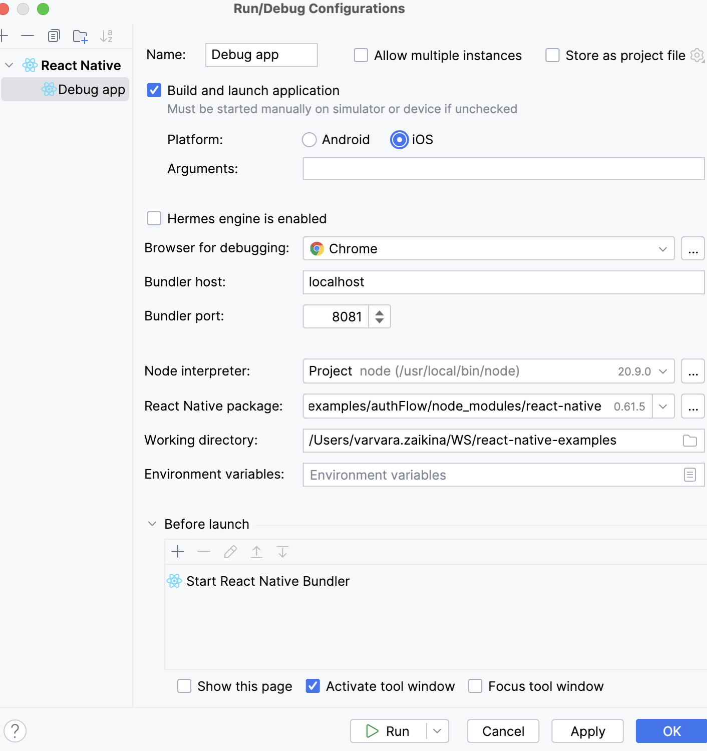 React Native Run/Debug Configuration