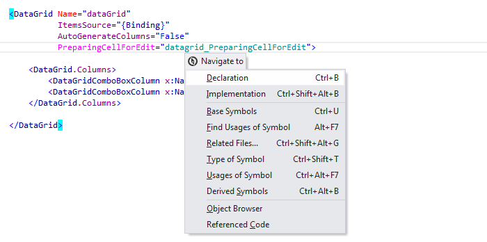 JetBrains Rider: 'Navigate To' in XAML files