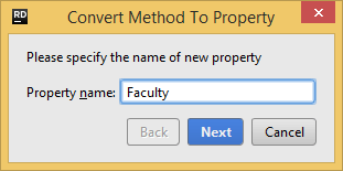 JetBrains Rider refactorings: Convert method to property dialog