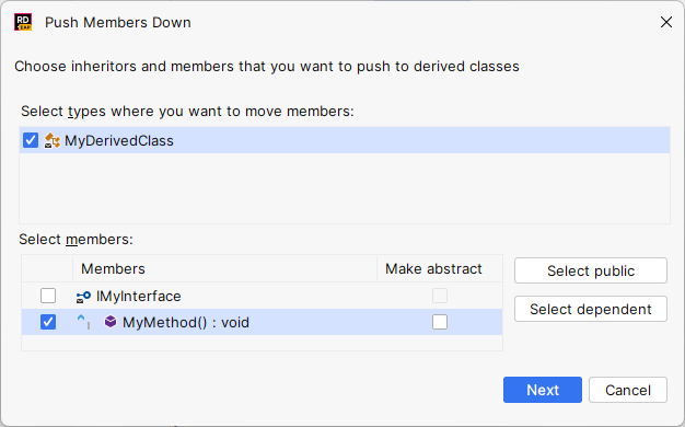JetBrains Rider. Push Members Down refactoring