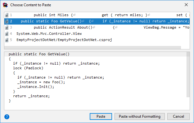 JetBrains Rider: Choose Content to Paste dialog