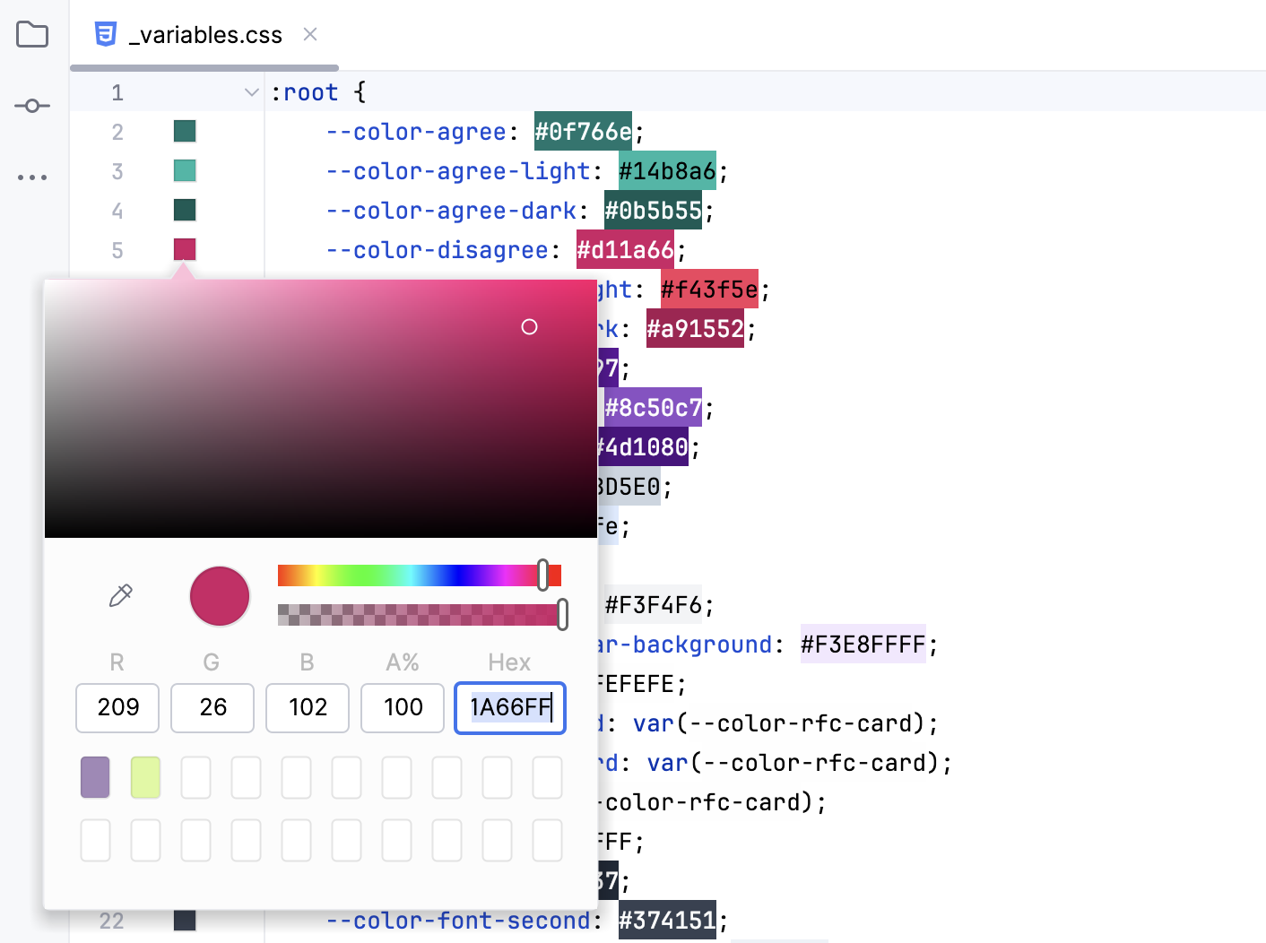 Click color gutter icon to open the color picker