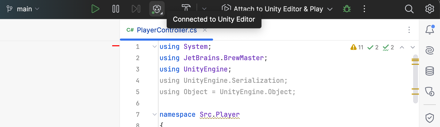 JetBrains Rider: Connected to Unity editor