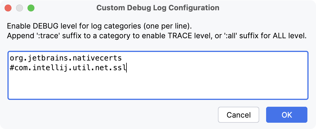 Custom debug log configuration