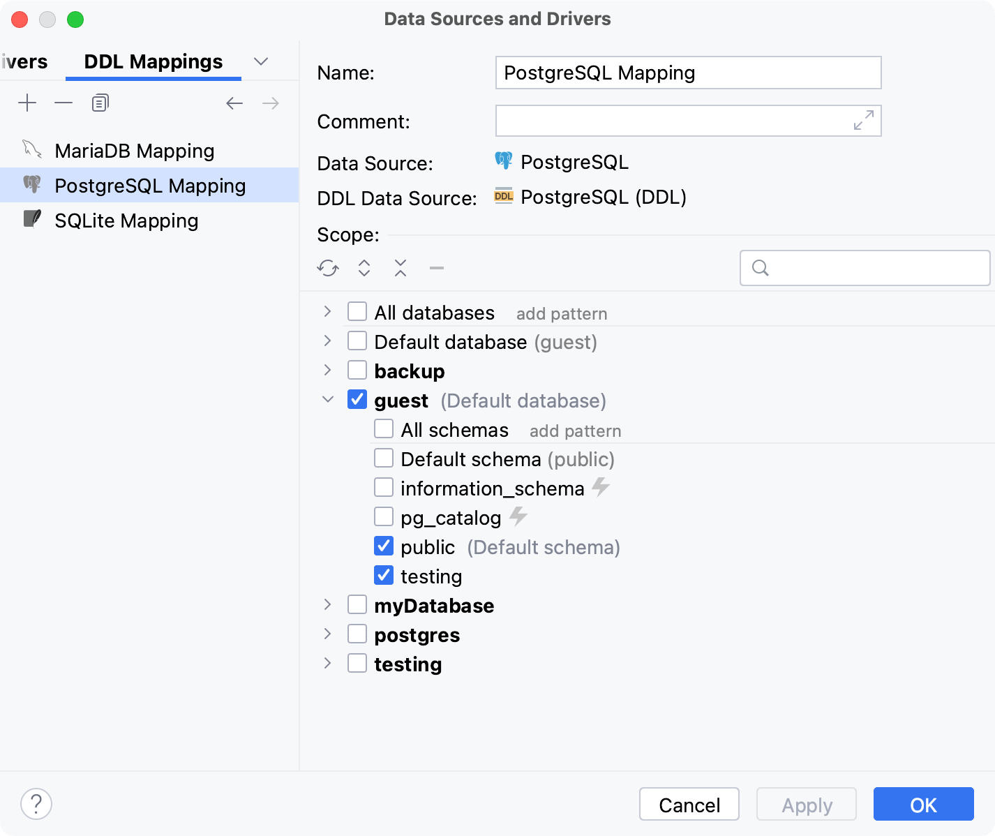 DDL Mappings tab in the Data Sources and Drivers dialog