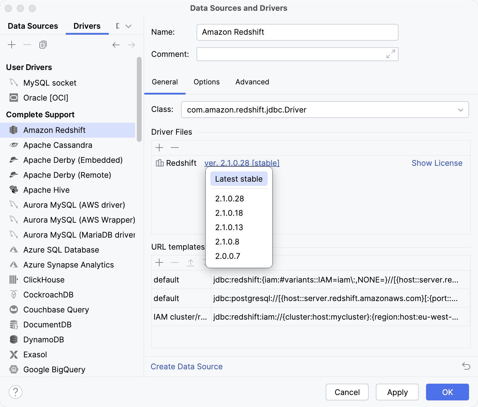 The Driver list and driver settings