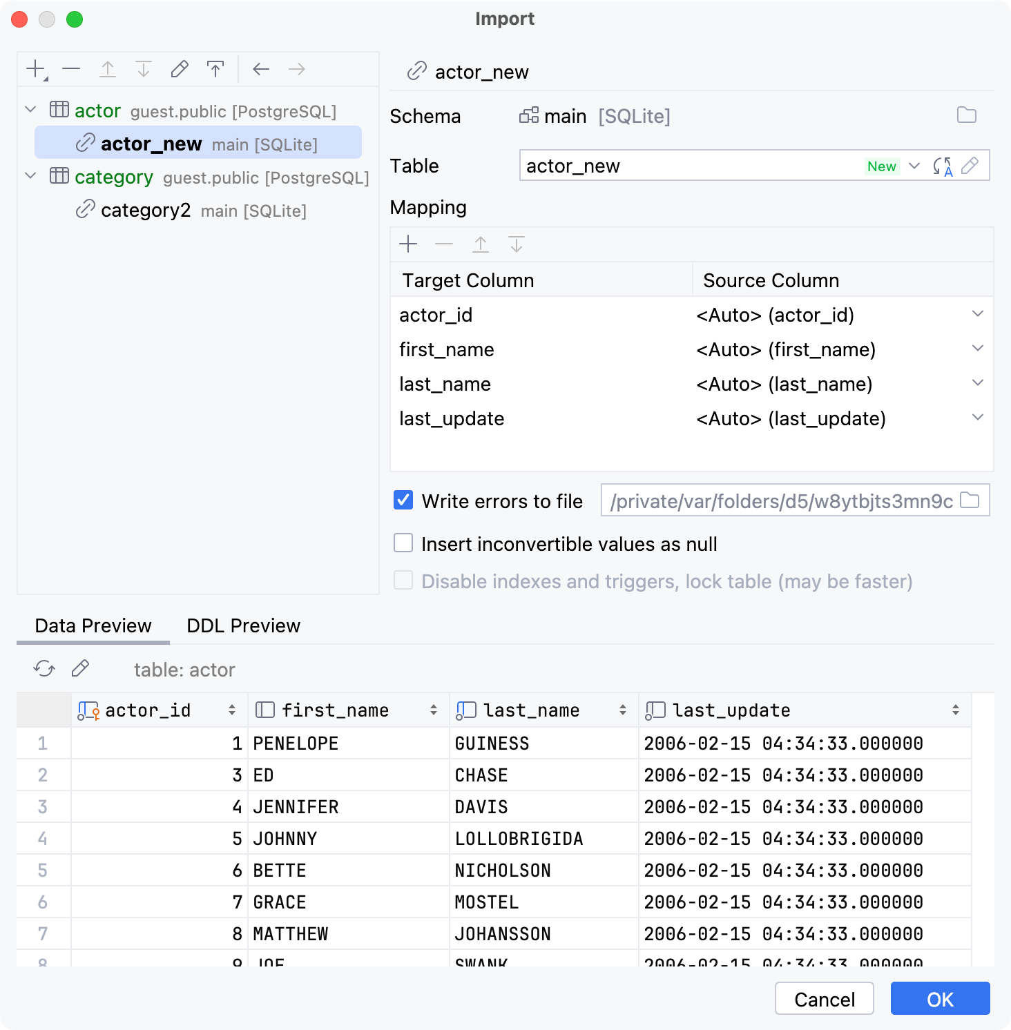 Import tables: mapping settings