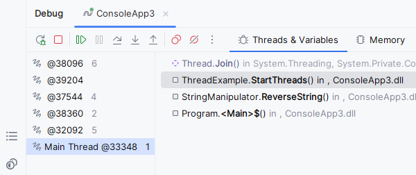 JetBrains Rider: selecting a thread in the Debug window