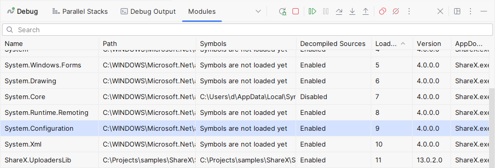 JetBrains Rider: Modules view in the Debug window