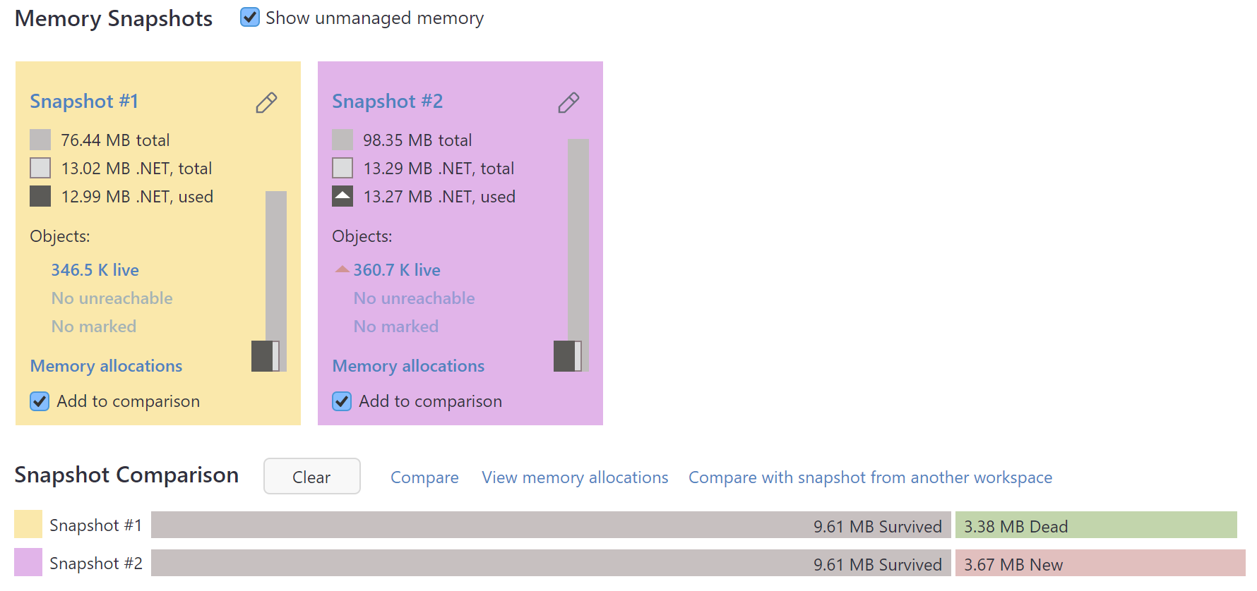 Comparing memory snapshots