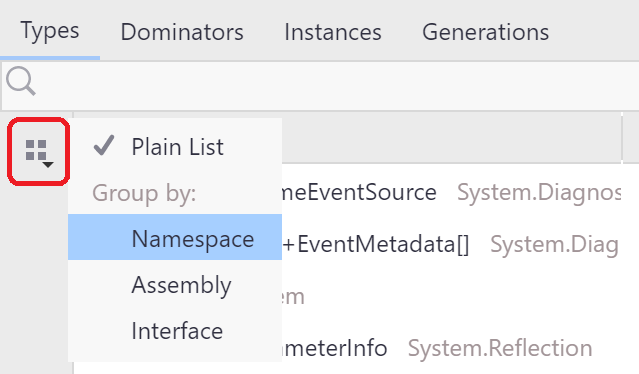 Types view grouping