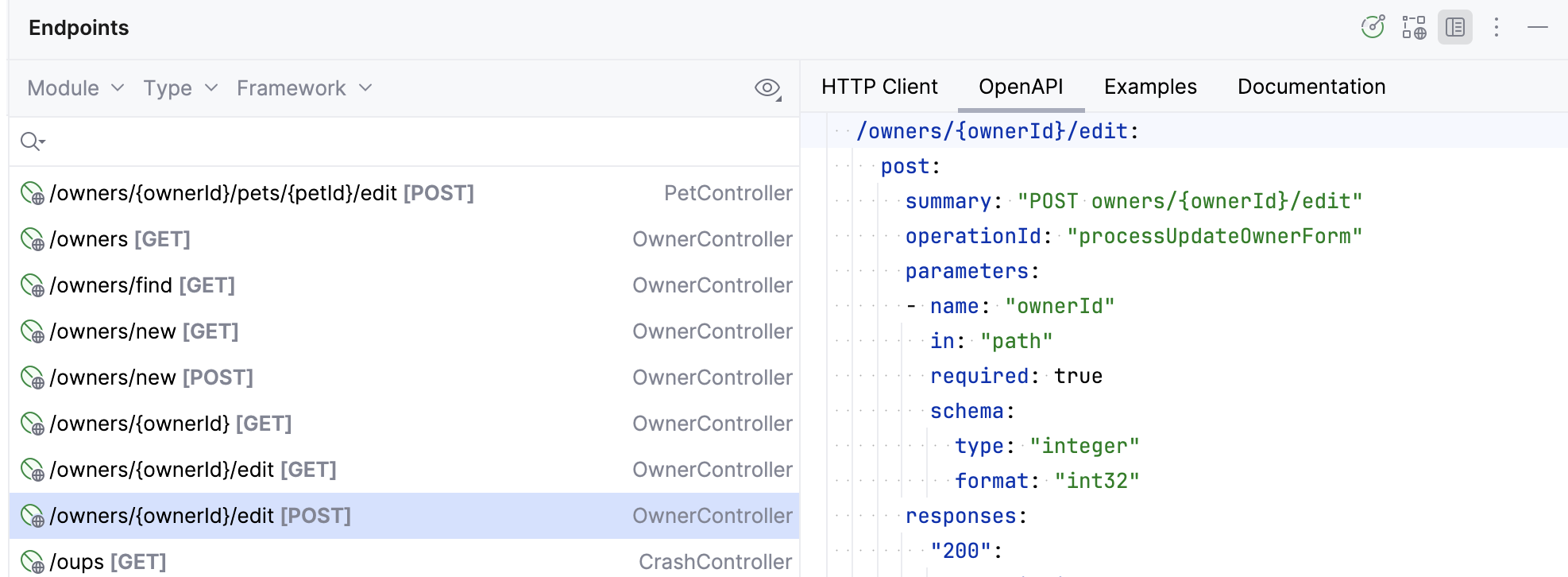 Endpoints tool window: OpenAPI tab