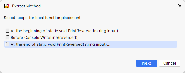 JetBrains Rider: Extract local function refactoring