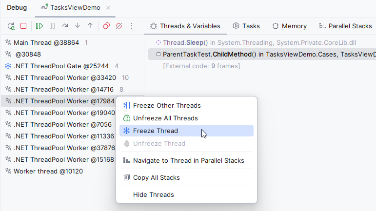 JetBrains Rider: Freeze thread