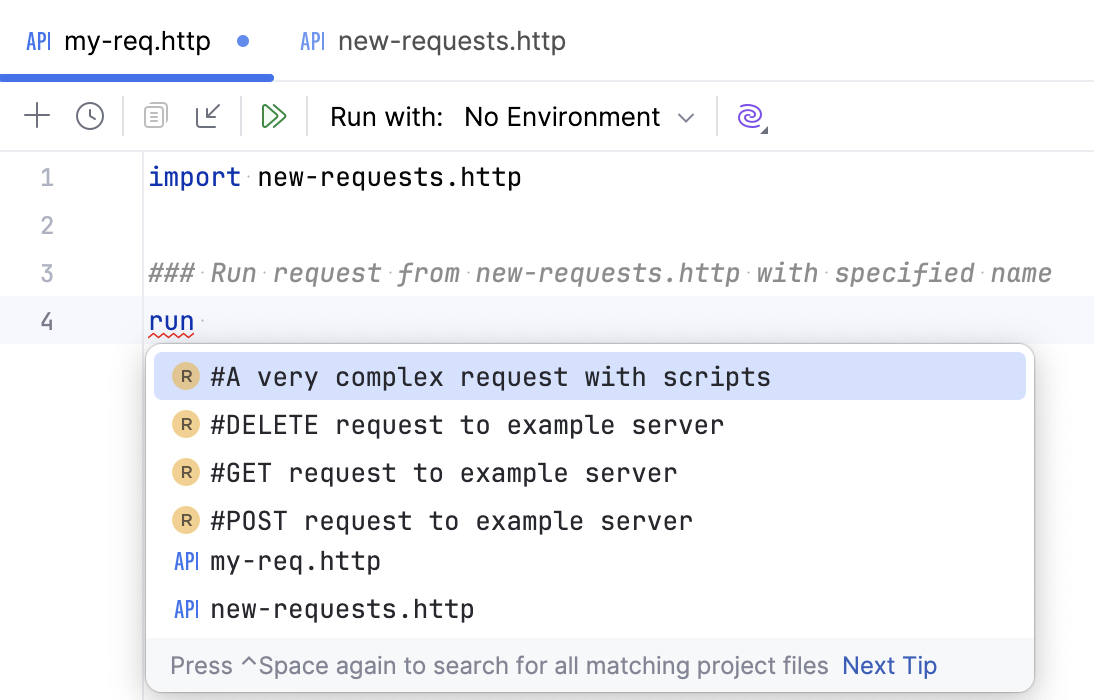 Run specific requests from another .http file