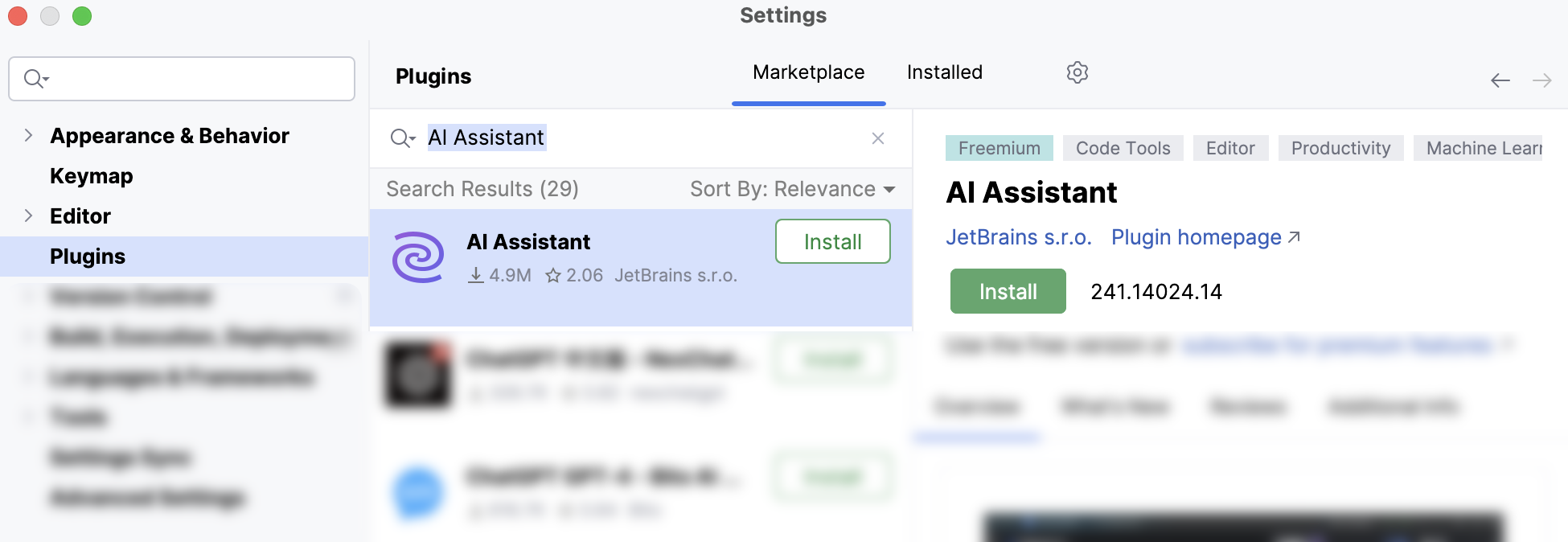 AI Assistant in the list of available plugins in the marketplace