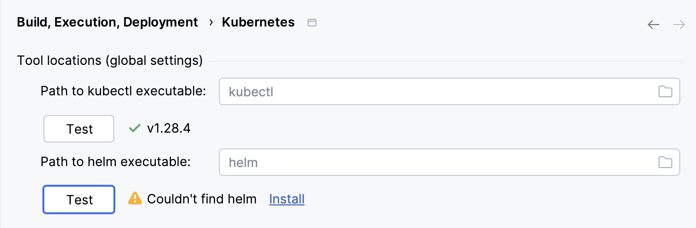 Kubernetes settings window