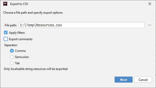 JetBrains Rider: Localization Manager. Export to CSV