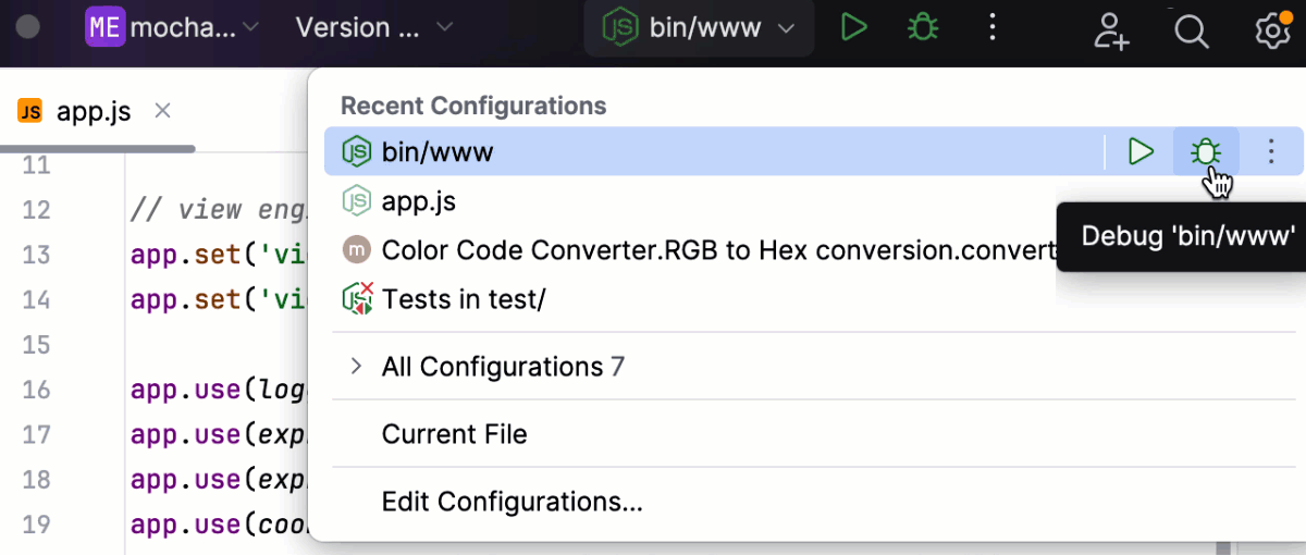 Start two run/debug configurations at once, select the main Node.js run/debug configuration