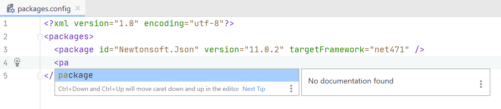 JetBrains Rider: Coding assistance in NuGet configuration files
