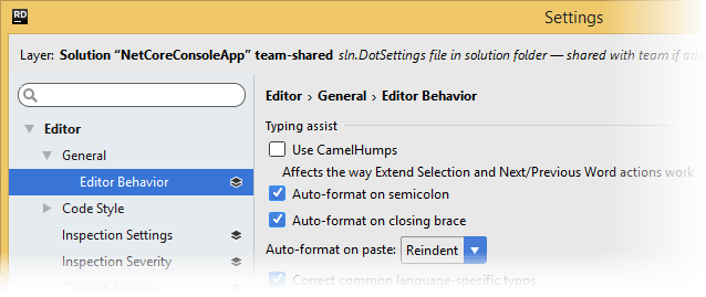 JetBrains Rider: Editing a single settings layer