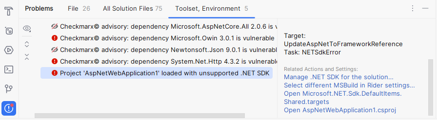 JetBrains Rider: Problems window. Toolset, Environment tab