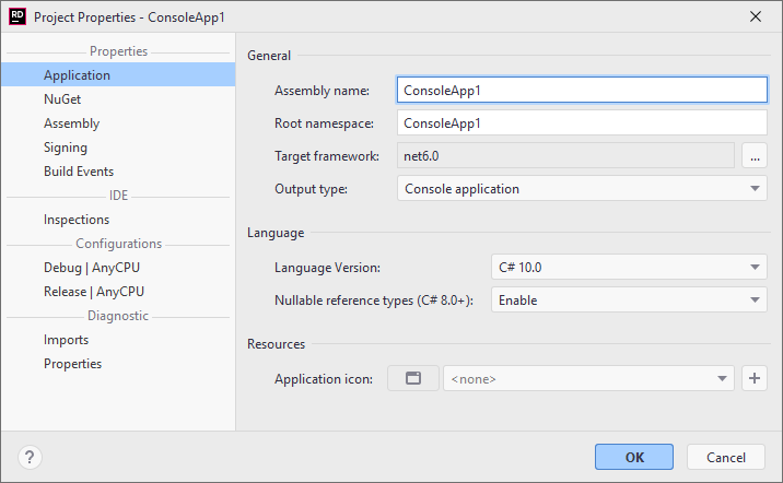 JetBrains Rider: Project Properties dialog