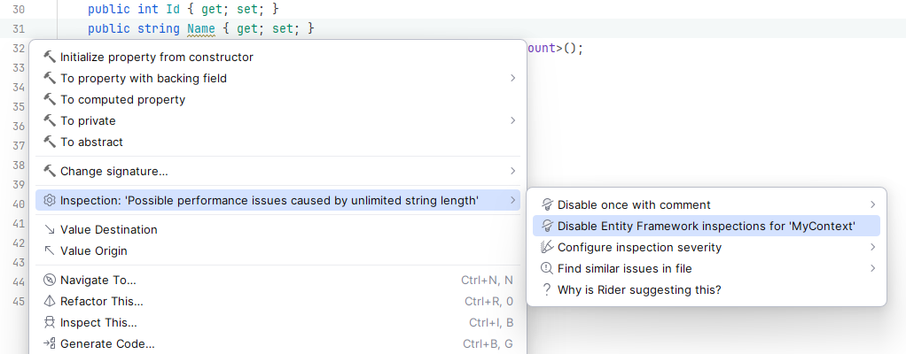 JetBrains Rider: Disabling Entity Framework inspections for a DB context class from the 'Alt+Enter' menu