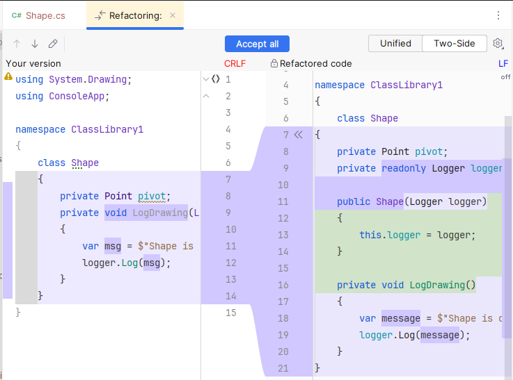 Diff tab with refactored code