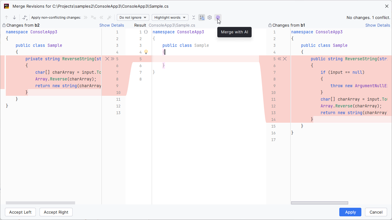 JetBrains Rider: The Merge with AI option in the Merge Revisions dialog