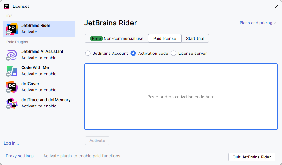 Activate JetBrains Rider license with an activation code