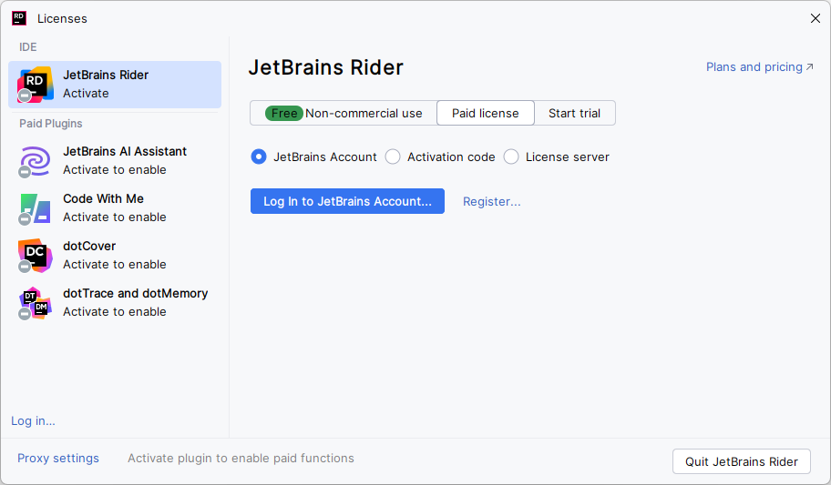 Activate JetBrains Rider license with a JB Account