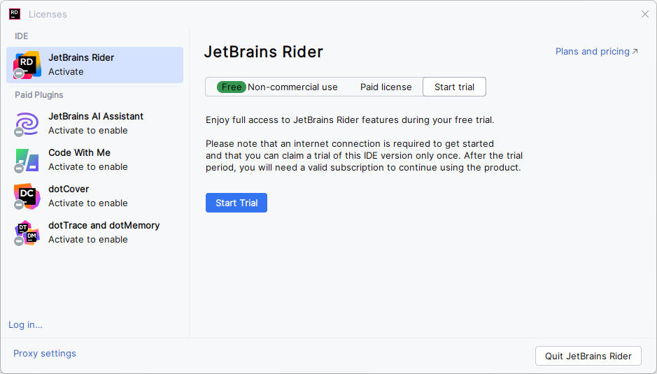 The Licenses dialog with the options to select whether to start a trial or activate JetBrains Rider