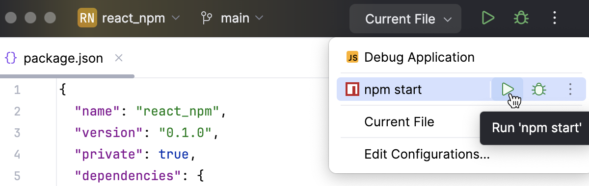 Run a React app in the development mode via a run/debug configuration