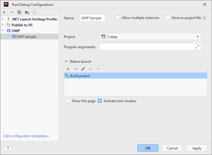 JetBrains Rider: Run/debug configuration. UWP