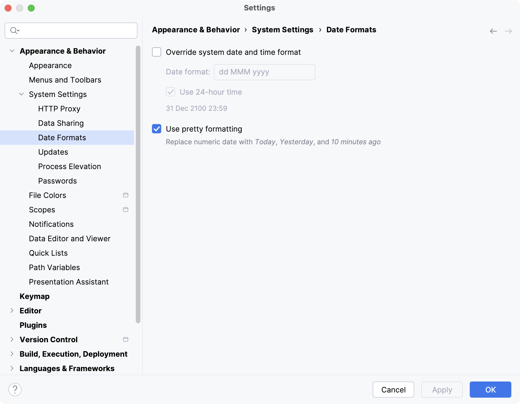 The Date Formats settings page