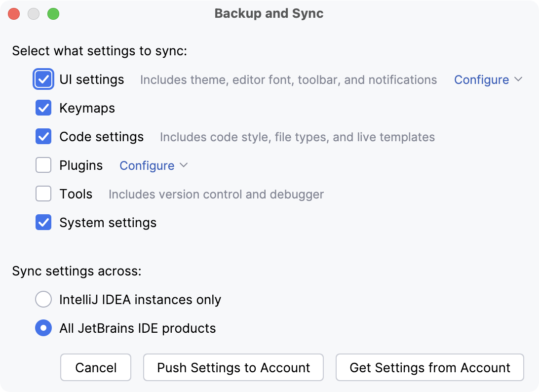 The Settings Sync window