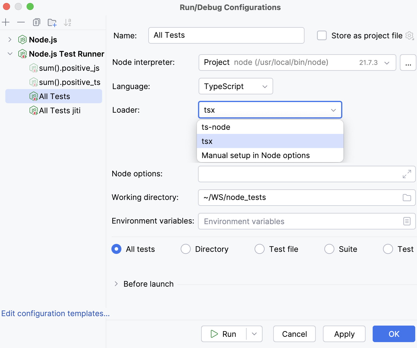 Node.js Test Runner run/debug configuration