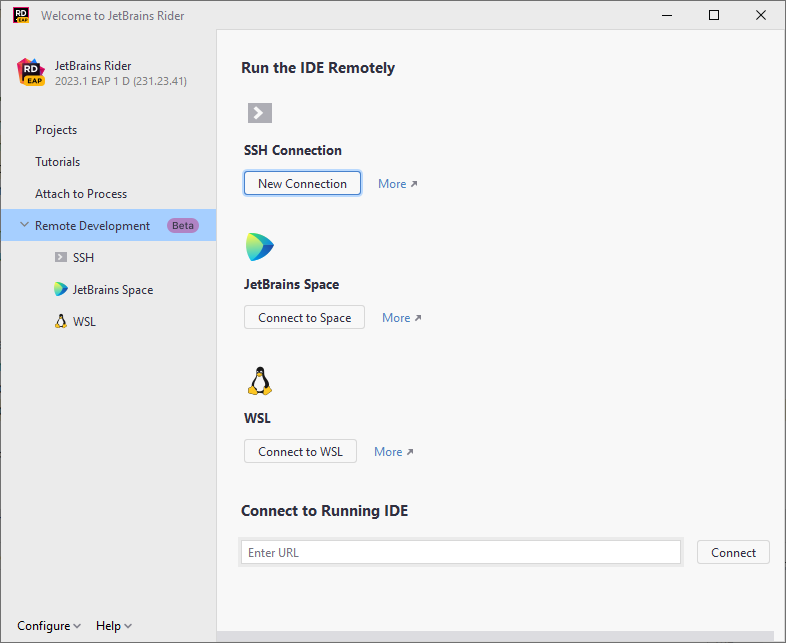 JetBrains Rider: Starting remote development from the Welcome screen