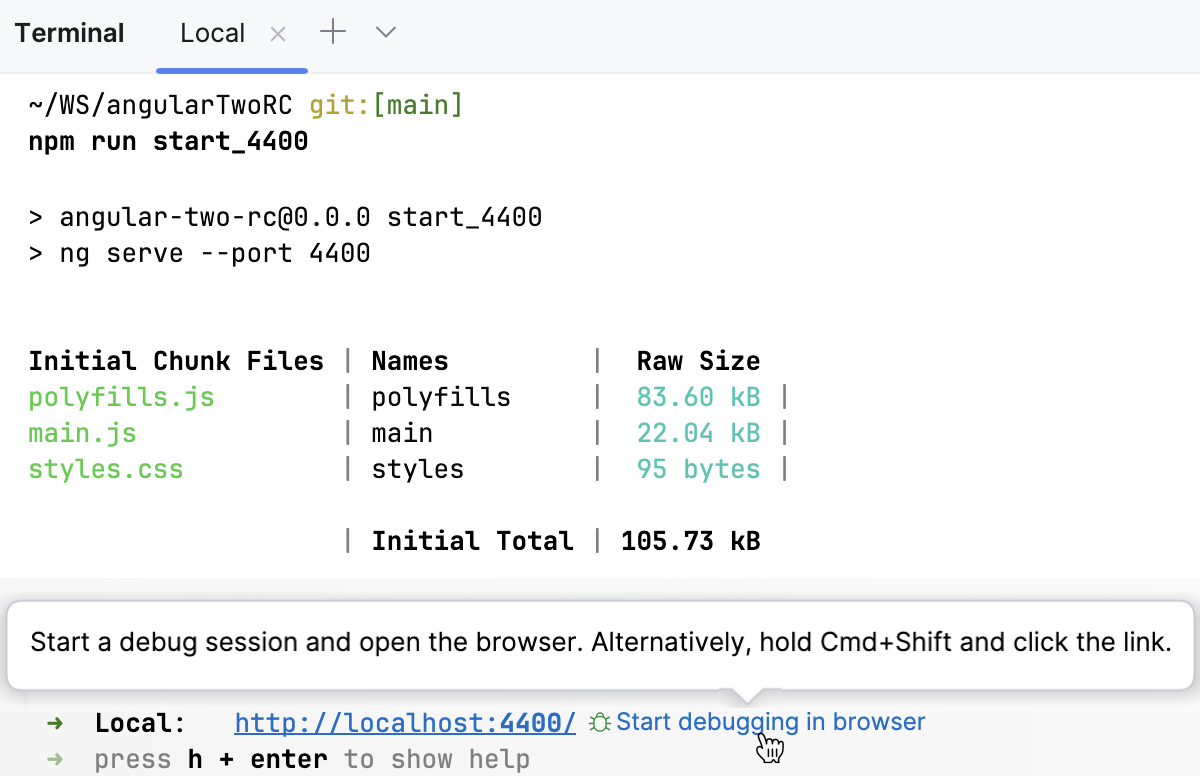 New Terminal: the Start debugging Angular in browser button