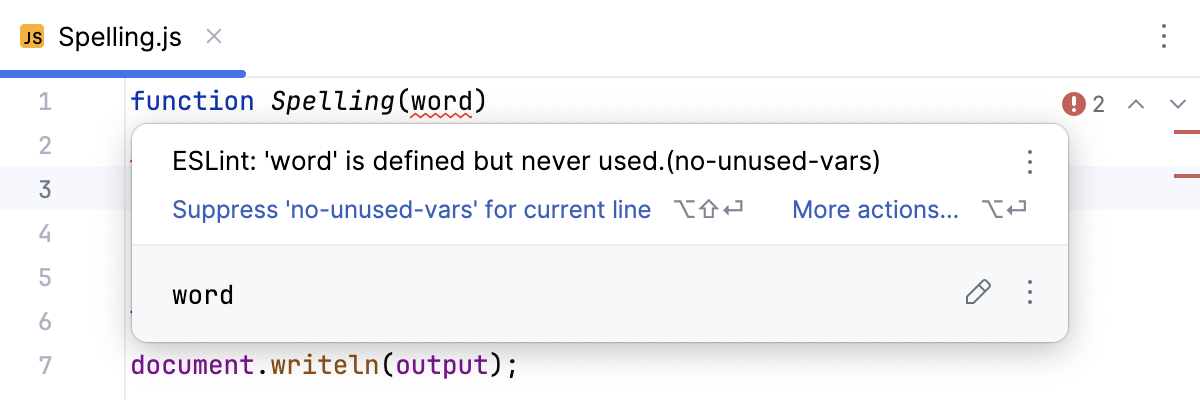 ESLint: errors and warnings are highlighted, the description of a problem is shown in a tooltip.