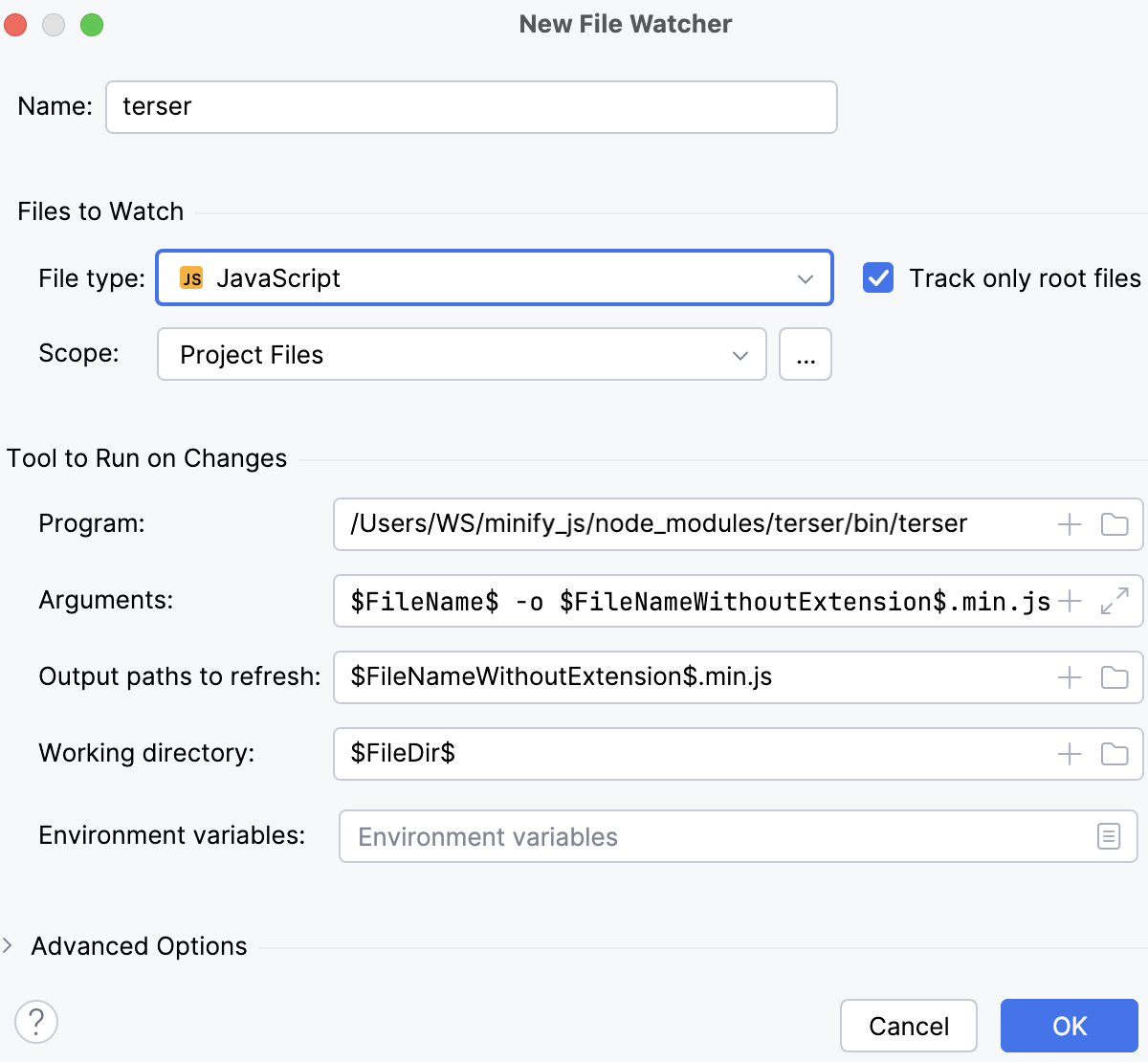 Create UglifyJS watcher: New Watcher dialog with default settings