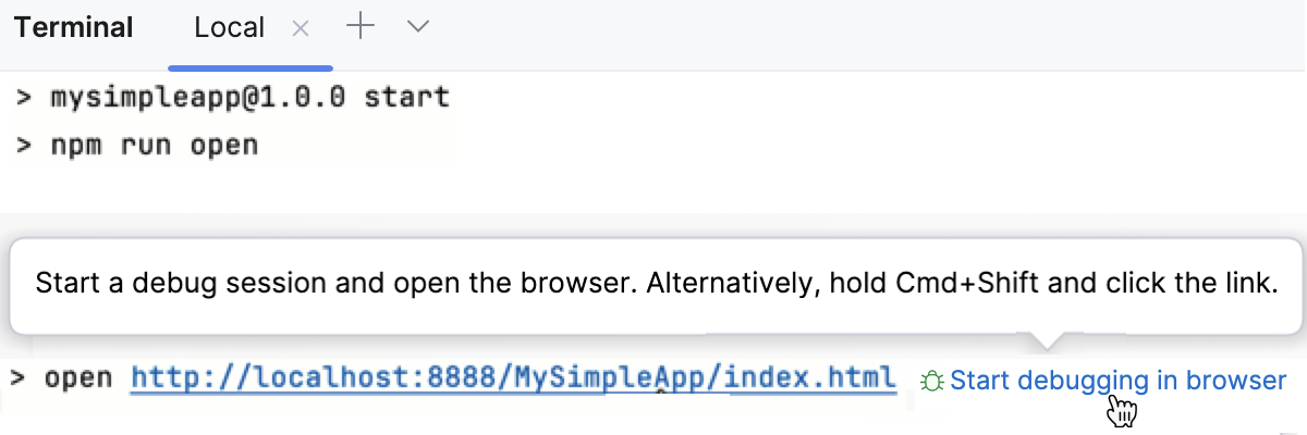 New Terminal: the Start debugging in browser button