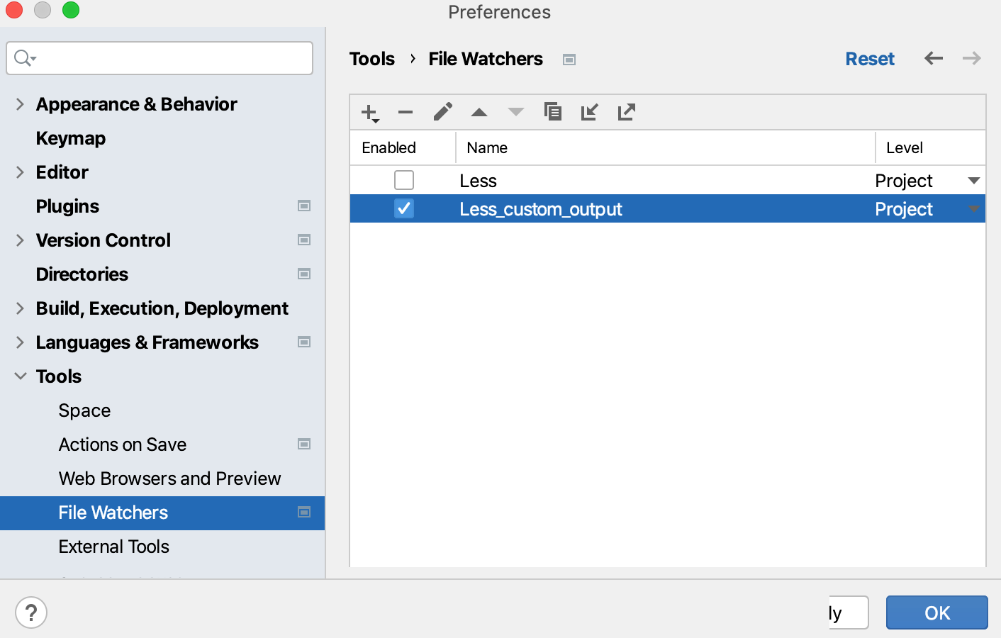 New File Watcher with custom output path saved and enabled