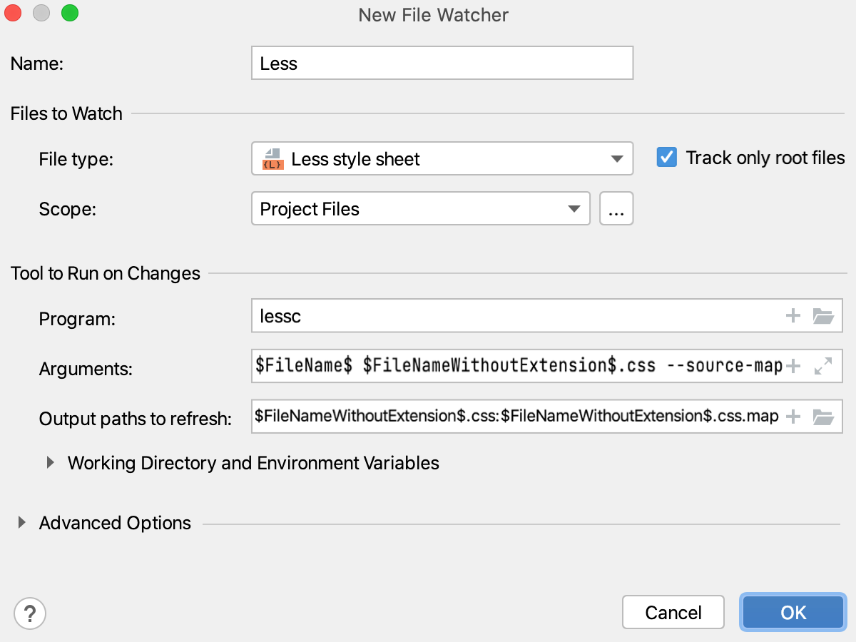 Less File Watcher: settings