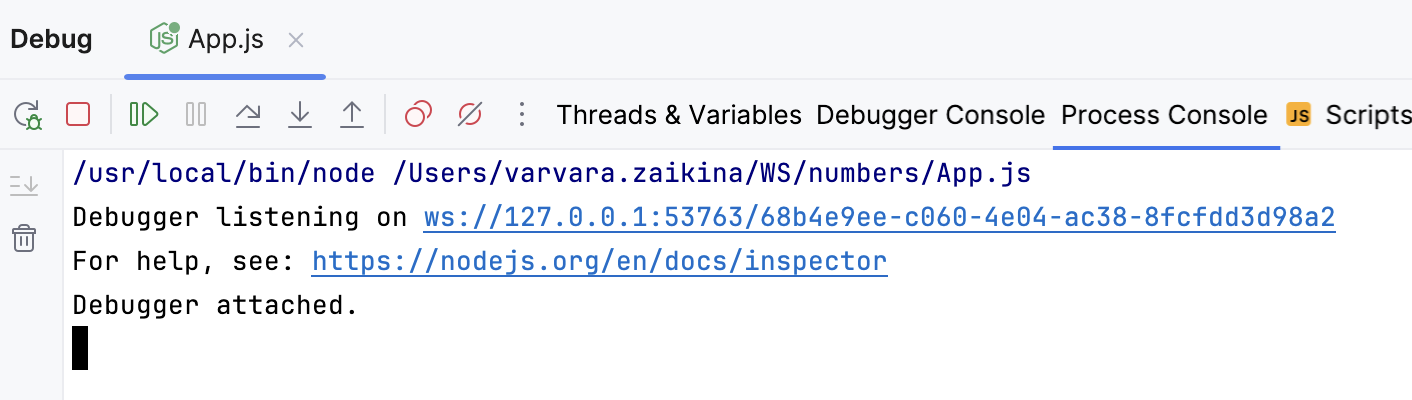 Node.js debugging session: Process Console