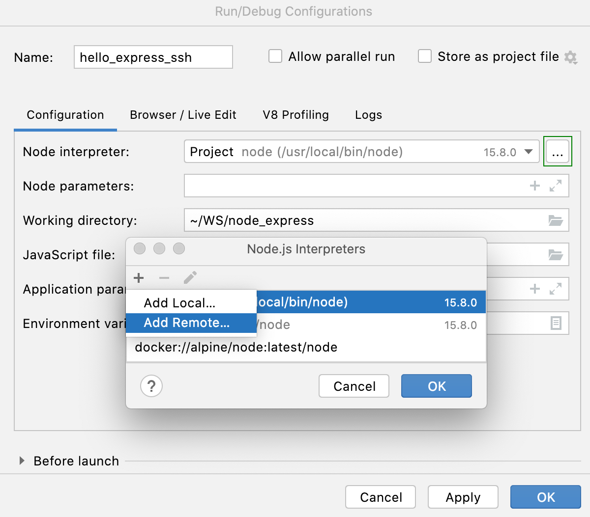 Node.js via SSH: run/debug configuration, configure interpreter, select Add Remote