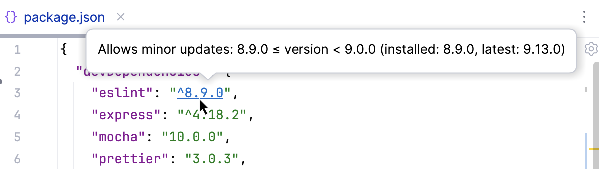 Showing the range of available package versions