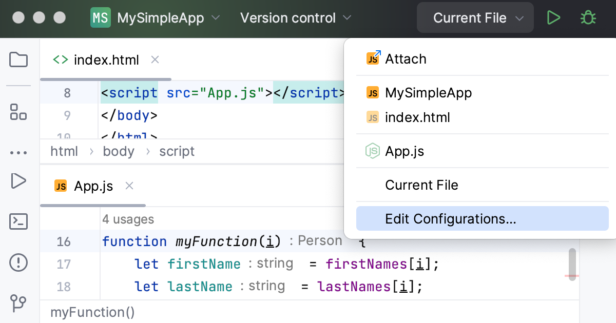 Debug JavaScript on an external web server: open Edit configurations dialog